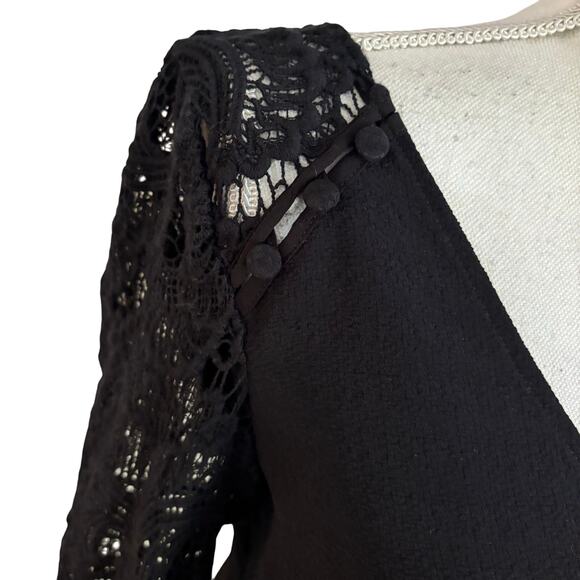 Sezane Size 34 US 2 Black Blouse Lace Sleeves V Neck Back - Picture 3 of 6